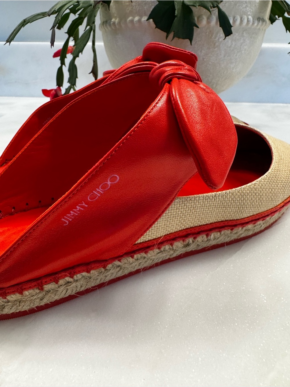 Jimmy Choo Red Bow Espadrille Mules with Natural Upper - Picture 3 of 7